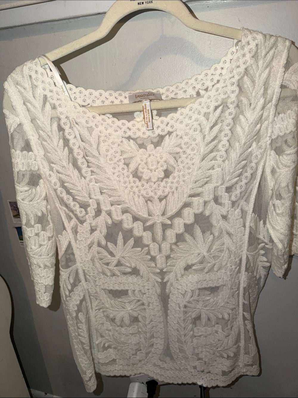 Laundry By Shelli Segal White Lace Long Sleeve Embroidered Top NWOT Bohemian